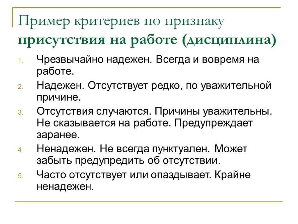 Пример критериев по признаку присутствия на работе (дисциплина) Чрезвычайно надежен. Всегда и вовремя на